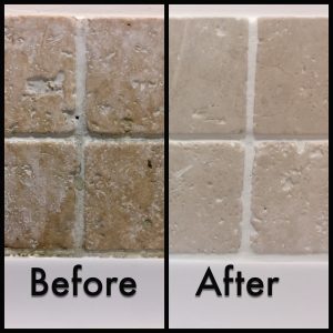 Before and after pictures showing transformative cleaning of tiles and grout.